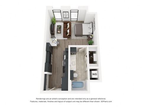 Floor plan for studio, 1 bath, 538 sqft